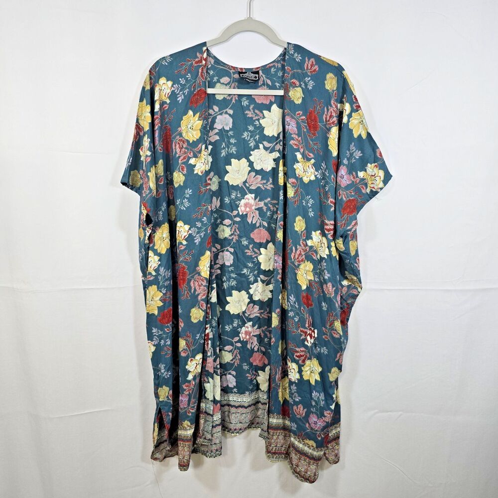 Angie Womens Open Kimono Cover Up Size S - XL Teal Blue Floral Boho Festival